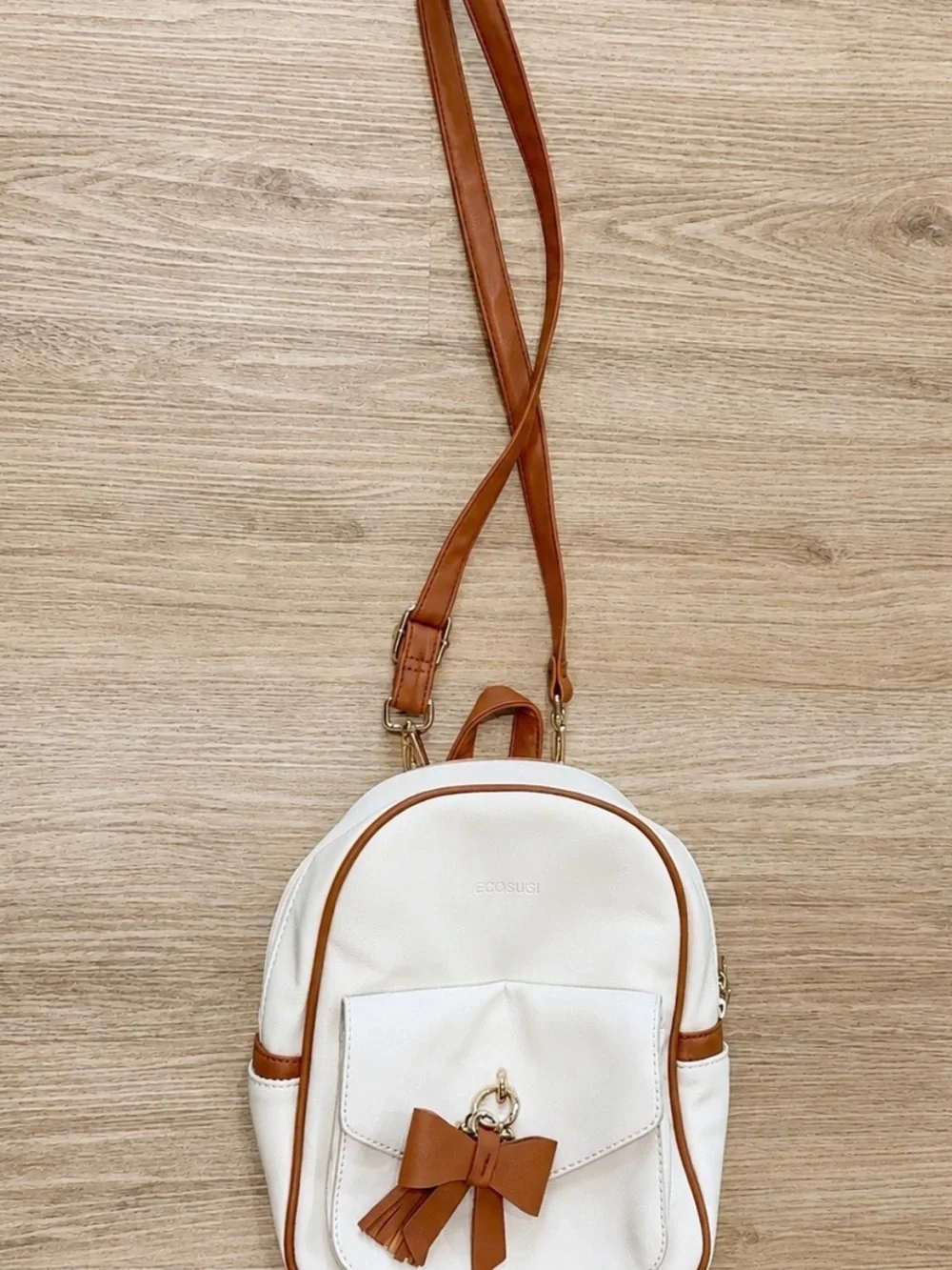 Ecosusi White & Tan Mini Backpack with Bow Accent